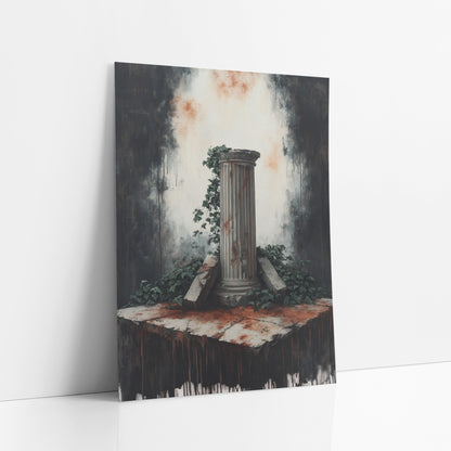 Column Cracked Pedestal Ruin Moody art print leaning against a white wall – fluted classical column with ivy and broken stone