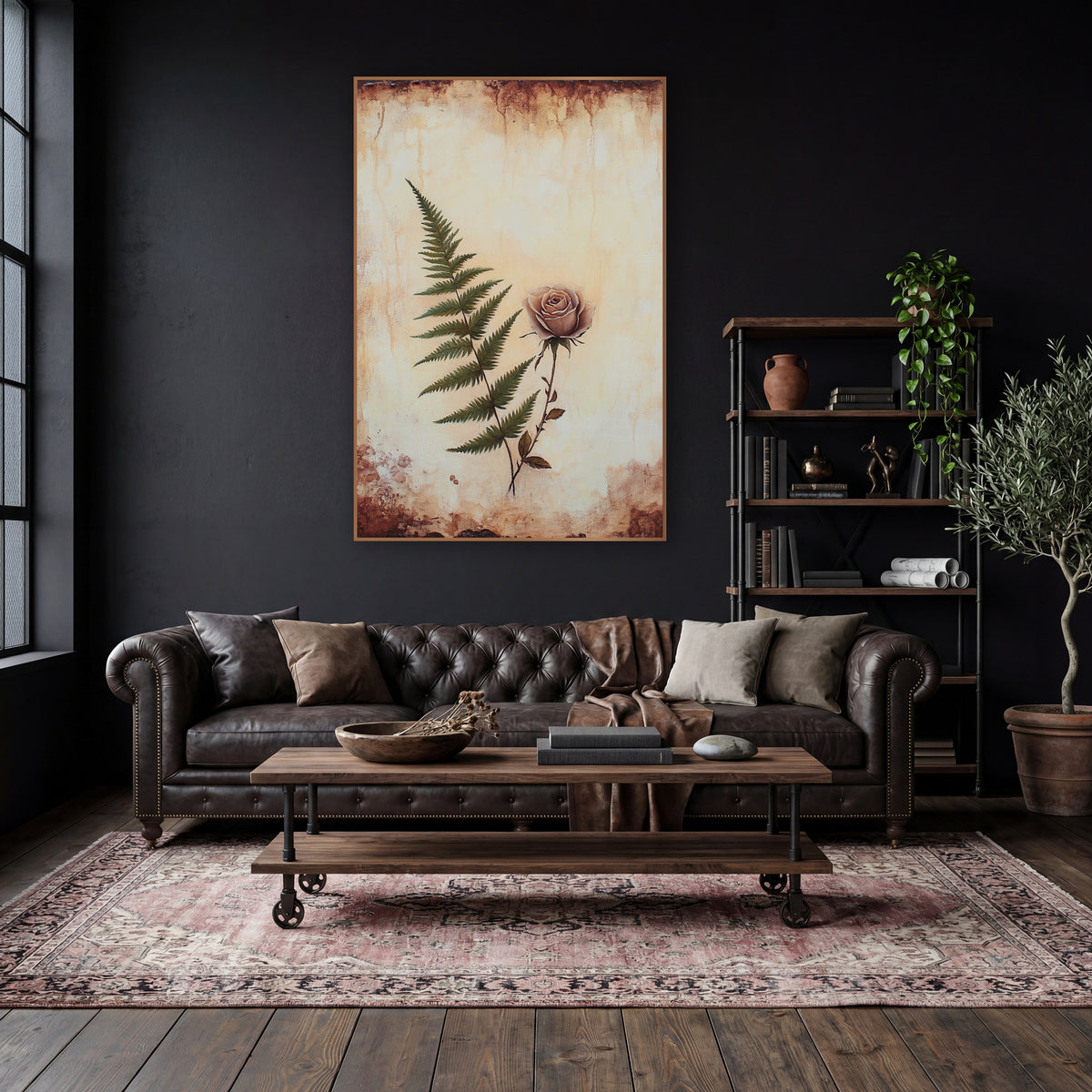 Ivory Fern Dusty Rose Vintage wall art in a moody dark academia room – green fern frond beside a dusty pink rose