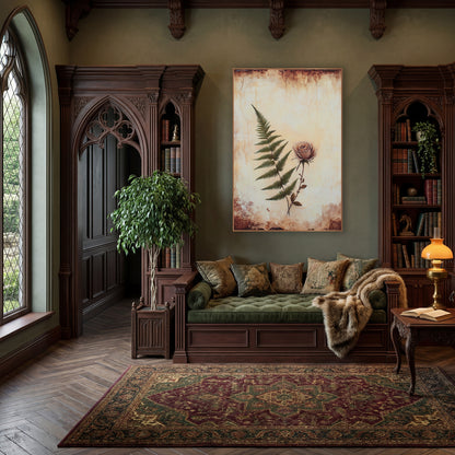 Ivory Fern Dusty Rose Vintage wall art in a moody dark academia room – green fern frond beside a dusty pink rose