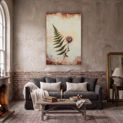 Ivory Fern Dusty Rose Vintage wall art in a moody dark academia room – green fern frond beside a dusty pink rose