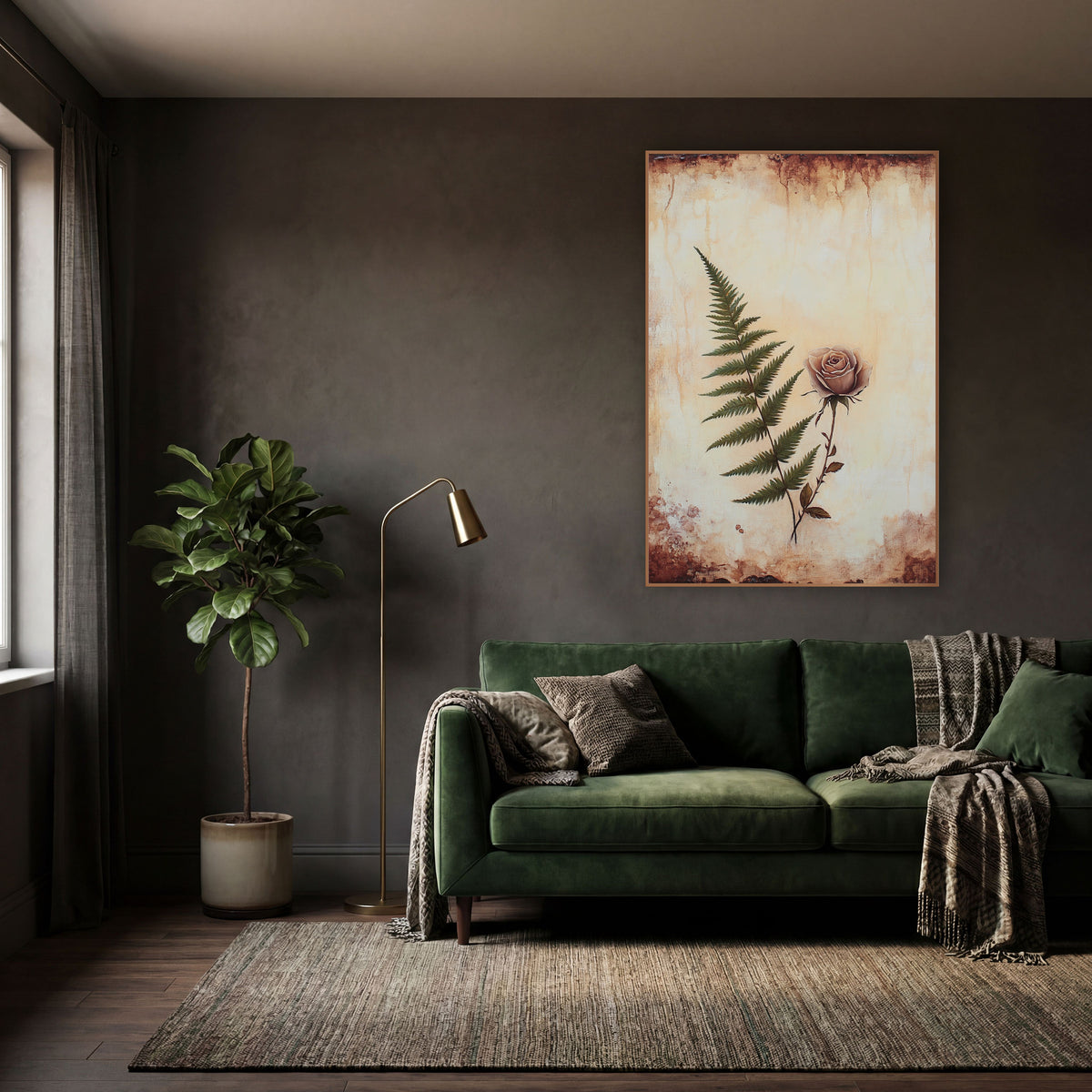 Ivory Fern Dusty Rose Vintage wall art in a moody dark academia room – green fern frond beside a dusty pink rose