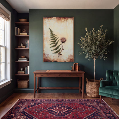 Ivory Fern Dusty Rose Vintage wall art in a moody dark academia room – green fern frond beside a dusty pink rose