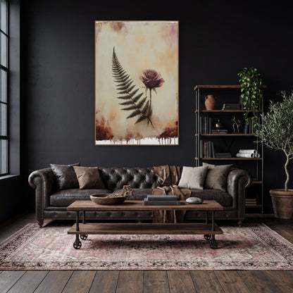 Burgundy Rose Fern Dripping Moody wall art in a moody dark academia room – dusty mauve rose beside a dark green fern