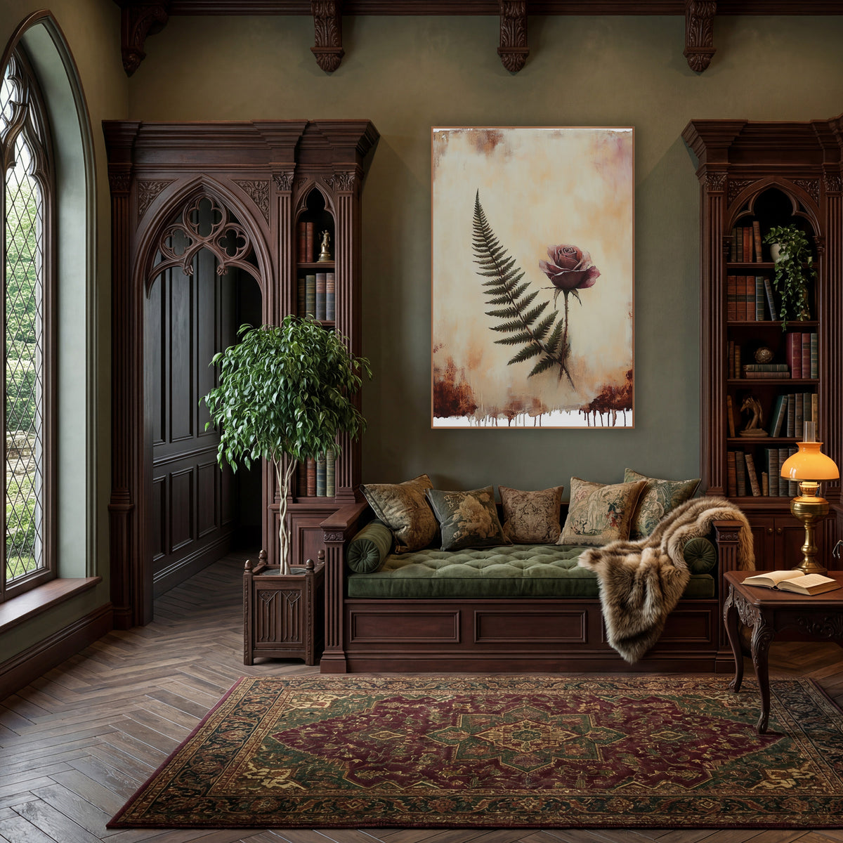 Burgundy Rose Fern Dripping Moody wall art in a moody dark academia room – dusty mauve rose beside a dark green fern