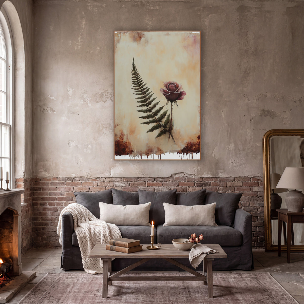 Burgundy Rose Fern Dripping Moody wall art in a moody dark academia room – dusty mauve rose beside a dark green fern