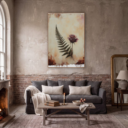 Burgundy Rose Fern Dripping Moody wall art in a moody dark academia room – dusty mauve rose beside a dark green fern
