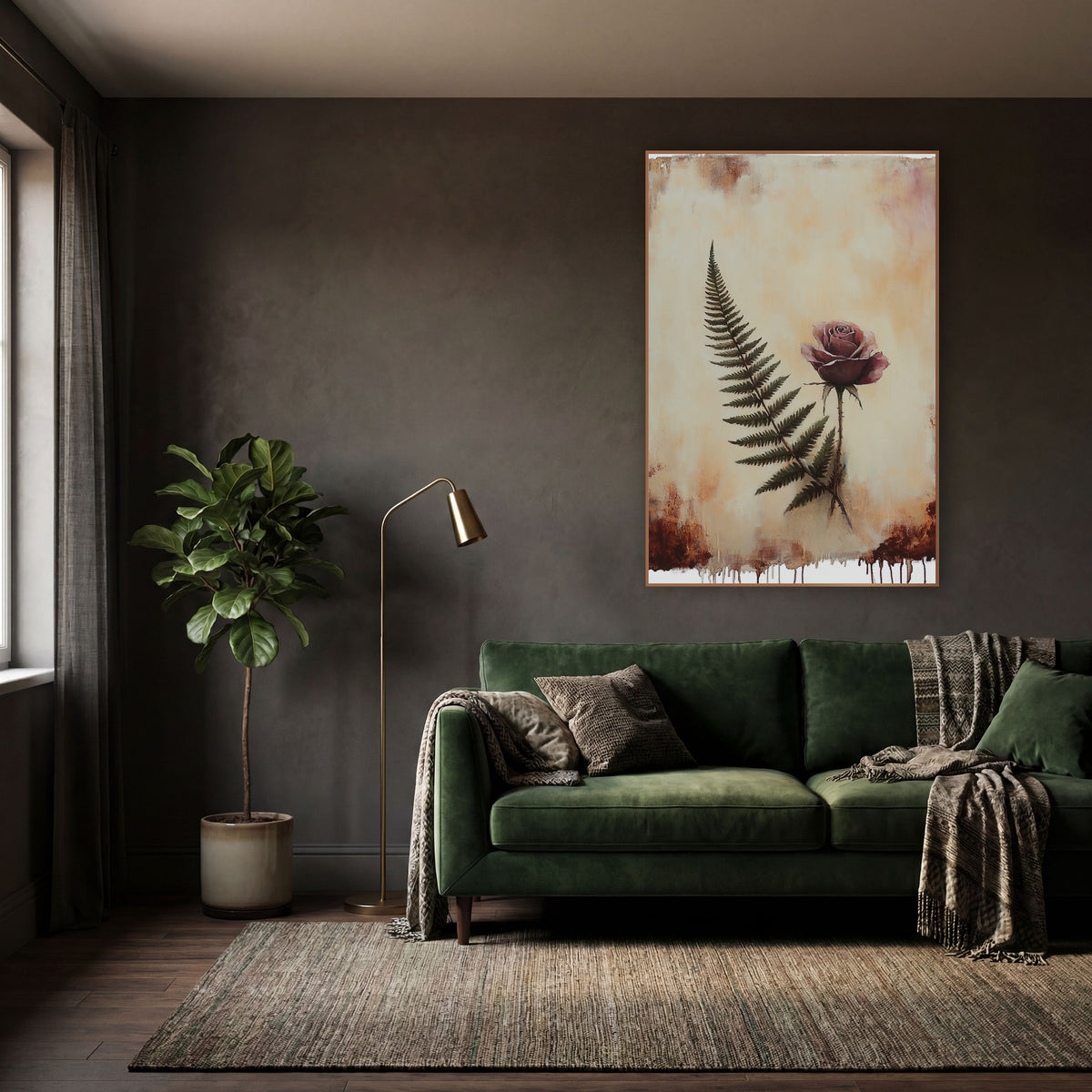 Burgundy Rose Fern Dripping Moody wall art in a moody dark academia room – dusty mauve rose beside a dark green fern