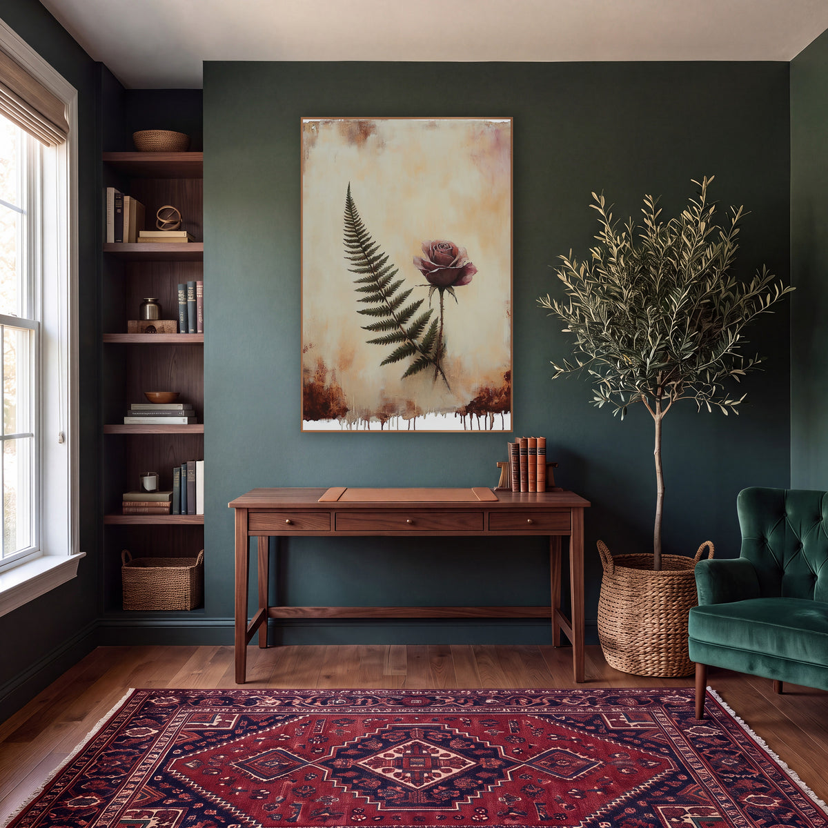Burgundy Rose Fern Dripping Moody wall art in a moody dark academia room – dusty mauve rose beside a dark green fern
