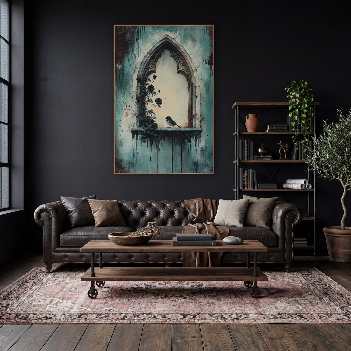 Gothic Arch Black Rose Bird Moody wall art in a moody dark academia room – gothic stone arch window with climbing