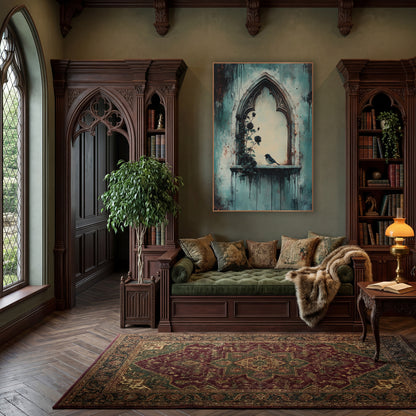 Gothic Arch Black Rose Bird Moody wall art in a moody dark academia room – gothic stone arch window with climbing