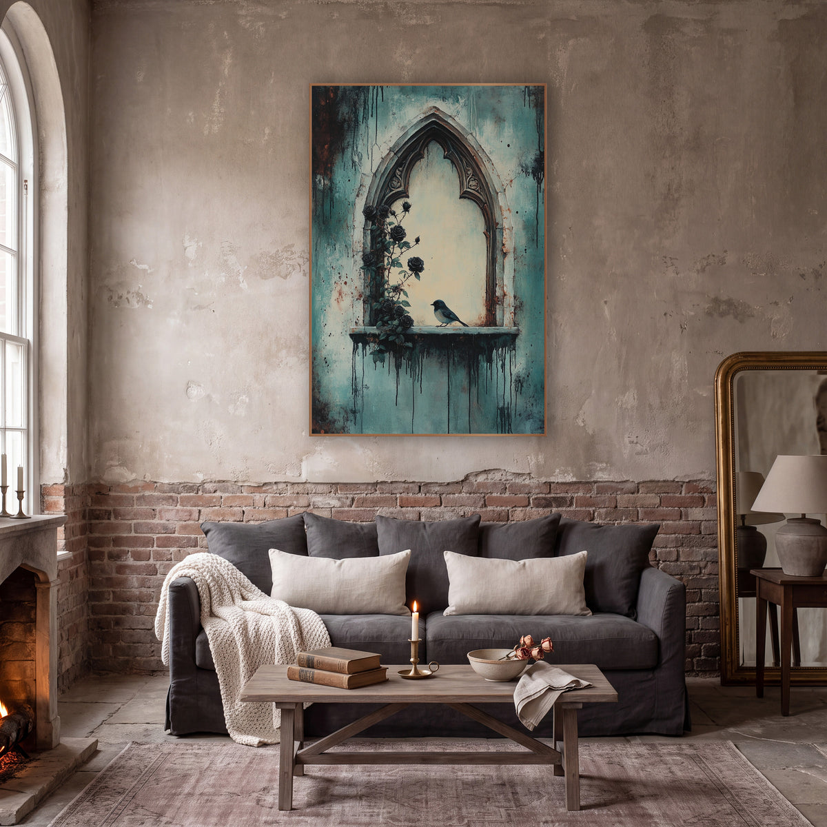 Gothic Arch Black Rose Bird Moody wall art in a moody dark academia room – gothic stone arch window with climbing