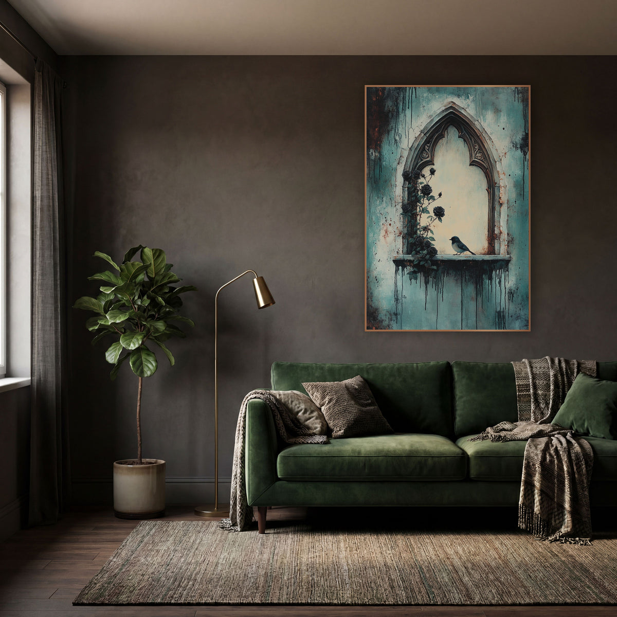Gothic Arch Black Rose Bird Moody wall art in a moody dark academia room – gothic stone arch window with climbing