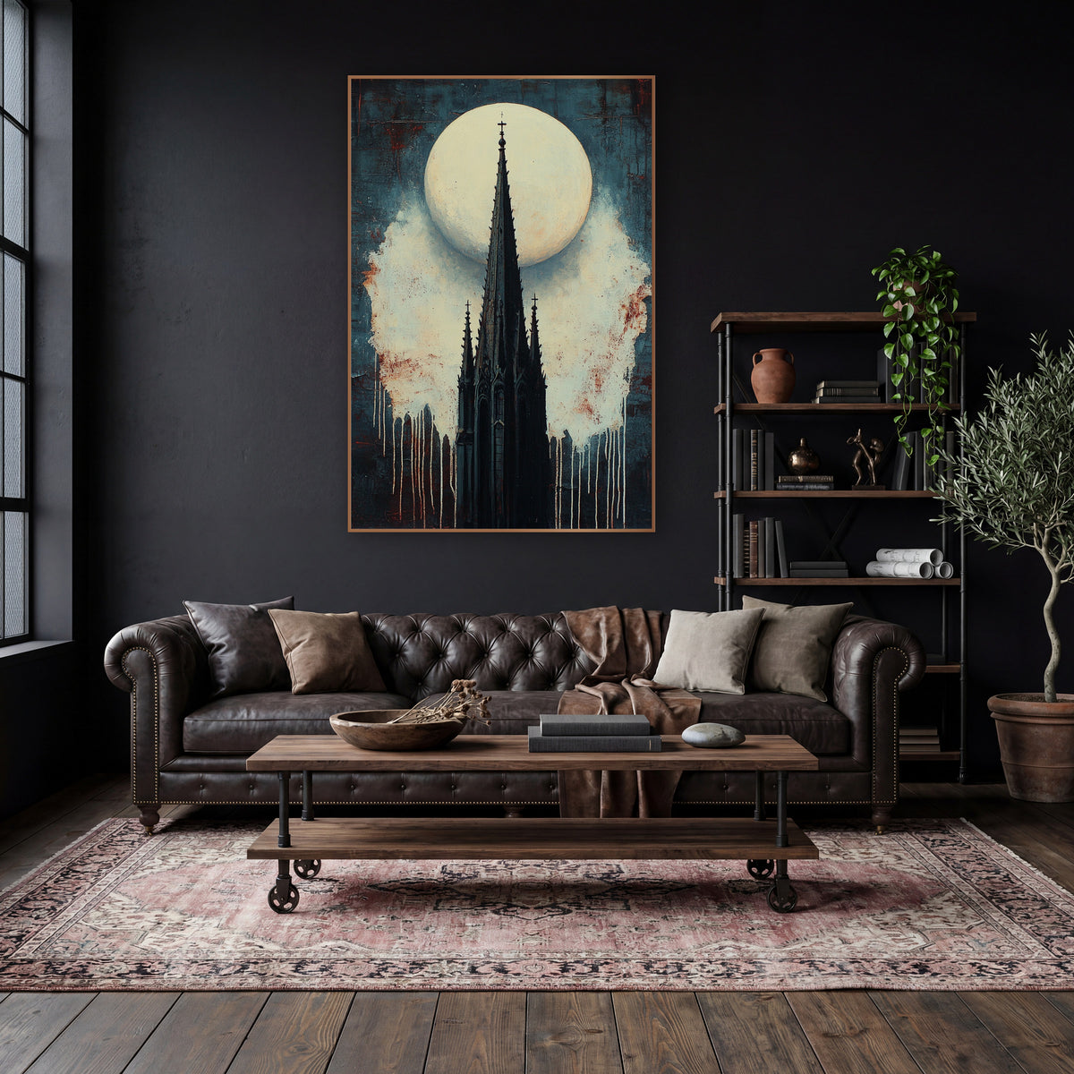 Gothic Spire Full Moon Dark wall art in a moody dark academia room – black gothic church spire with small crosses