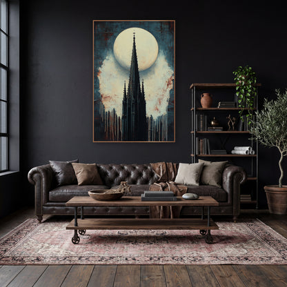 Gothic Spire Full Moon Dark wall art in a moody dark academia room – black gothic church spire with small crosses