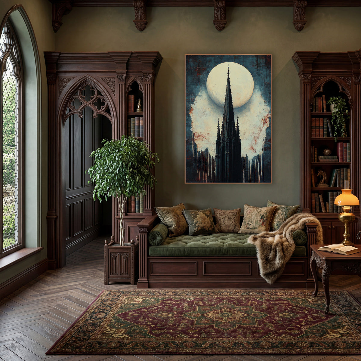 Gothic Spire Full Moon Dark wall art in a moody dark academia room – black gothic church spire with small crosses