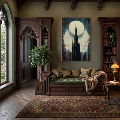 Gothic Spire Full Moon Dark wall art in a moody dark academia room – black gothic church spire with small crosses