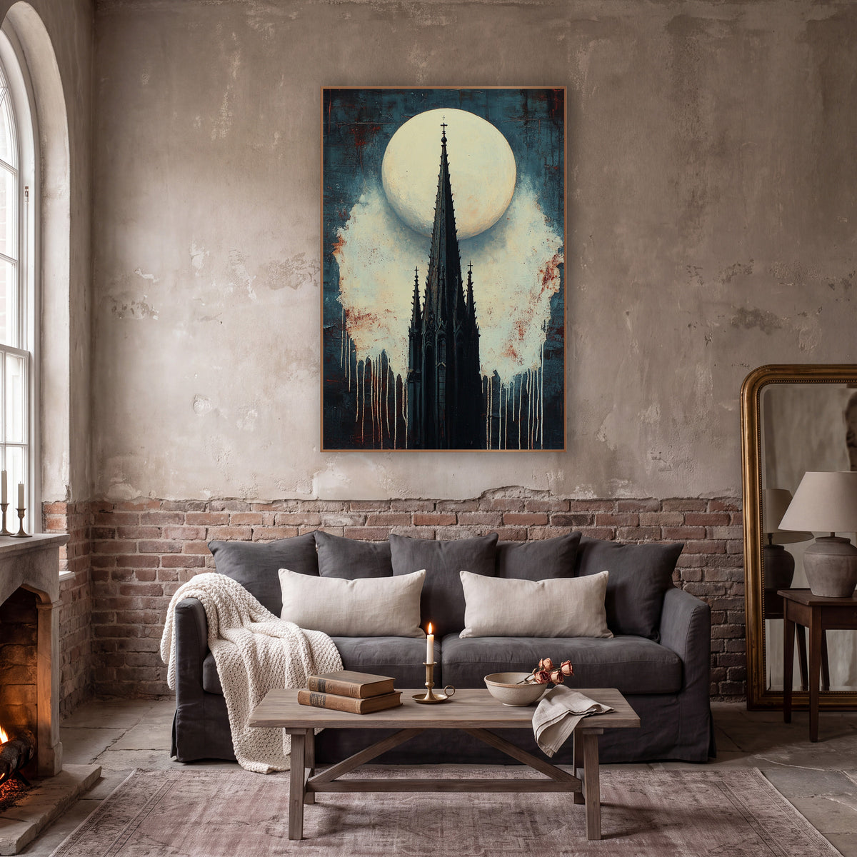 Gothic Spire Full Moon Dark wall art in a moody dark academia room – black gothic church spire with small crosses