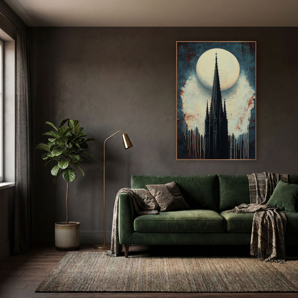 Gothic Spire Full Moon Dark wall art in a moody dark academia room – black gothic church spire with small crosses