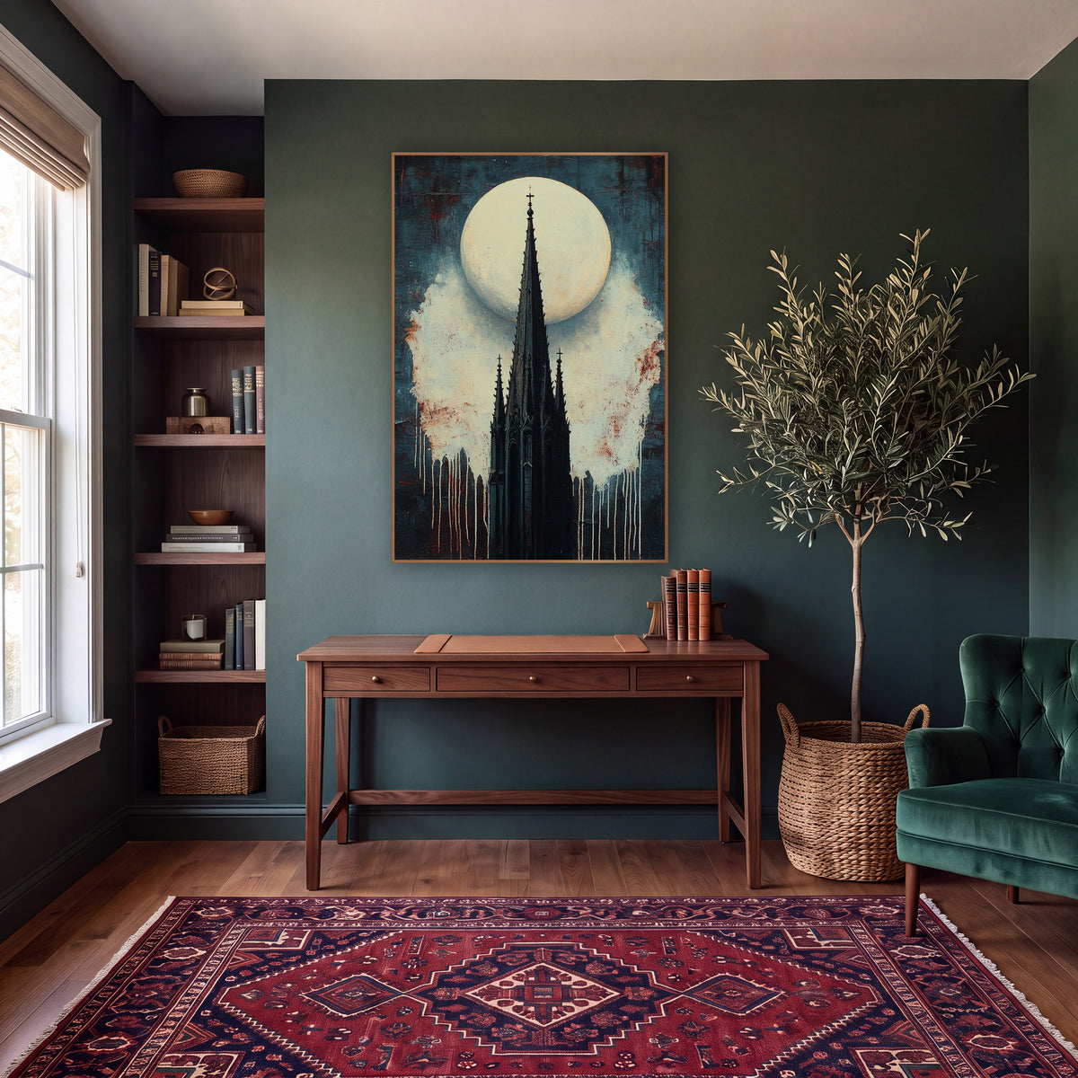 Gothic Spire Full Moon Dark wall art in a moody dark academia room – black gothic church spire with small crosses