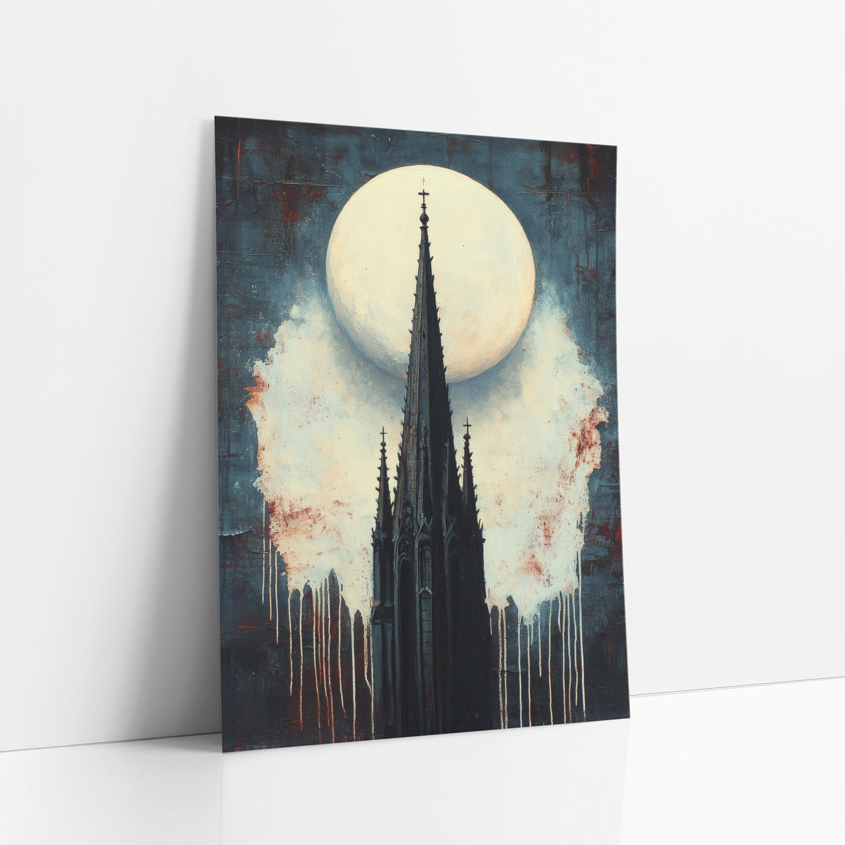 Gothic Spire Full Moon Dark art print leaning against a white wall – black gothic church spire with small crosses before