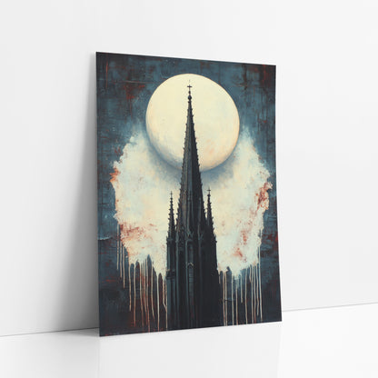 Gothic Spire Full Moon Dark art print leaning against a white wall – black gothic church spire with small crosses before