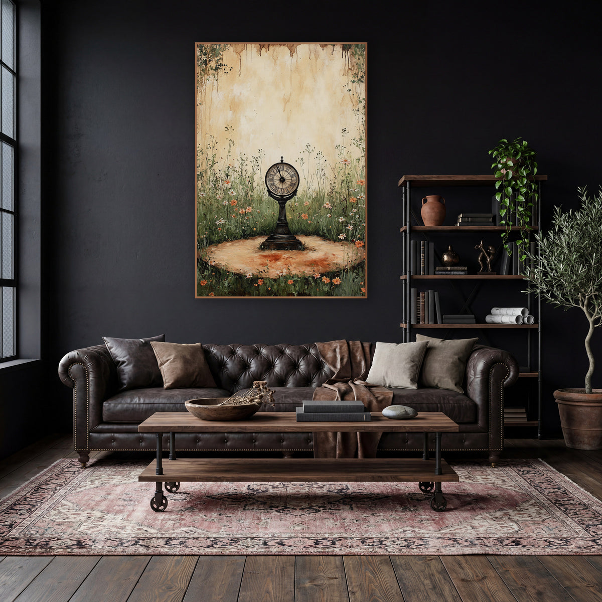 Antique Clock Wildflower Garden Vintage wall art in a moody dark academia room – round pedestal clock with Roman