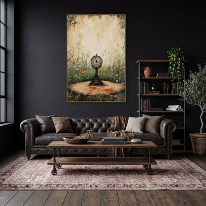Antique Clock Wildflower Garden Vintage wall art in a moody dark academia room – round pedestal clock with Roman