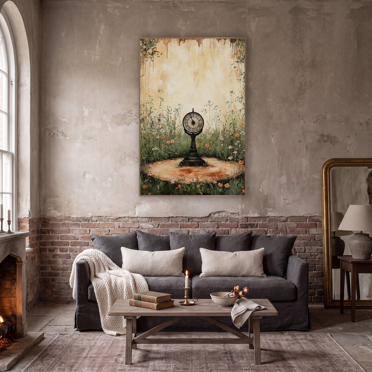 Antique Clock Wildflower Garden Vintage wall art in a moody dark academia room – round pedestal clock with Roman