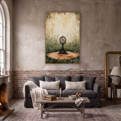 Antique Clock Wildflower Garden Vintage wall art in a moody dark academia room – round pedestal clock with Roman