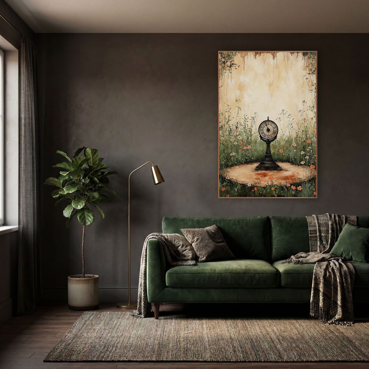 Antique Clock Wildflower Garden Vintage wall art in a moody dark academia room – round pedestal clock with Roman