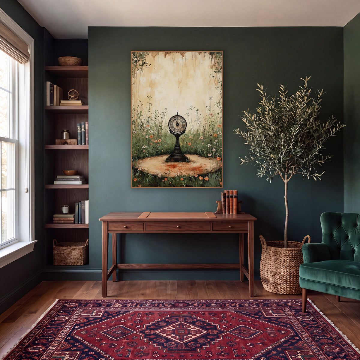 Antique Clock Wildflower Garden Vintage wall art in a moody dark academia room – round pedestal clock with Roman
