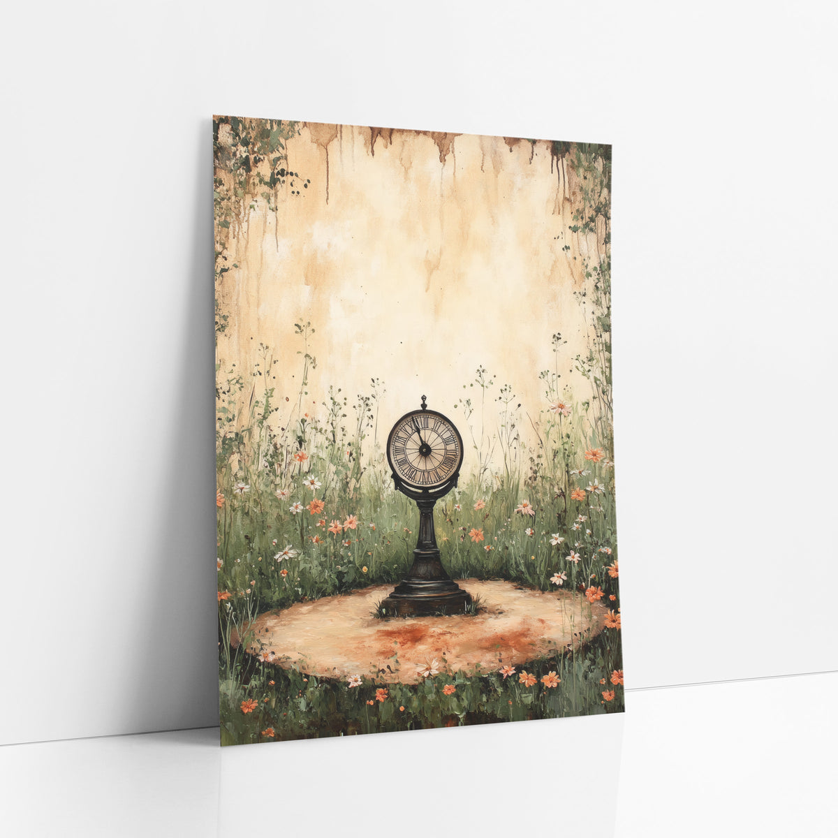 Antique Clock Wildflower Garden Vintage art print leaning against a white wall – round pedestal clock with Roman numerals