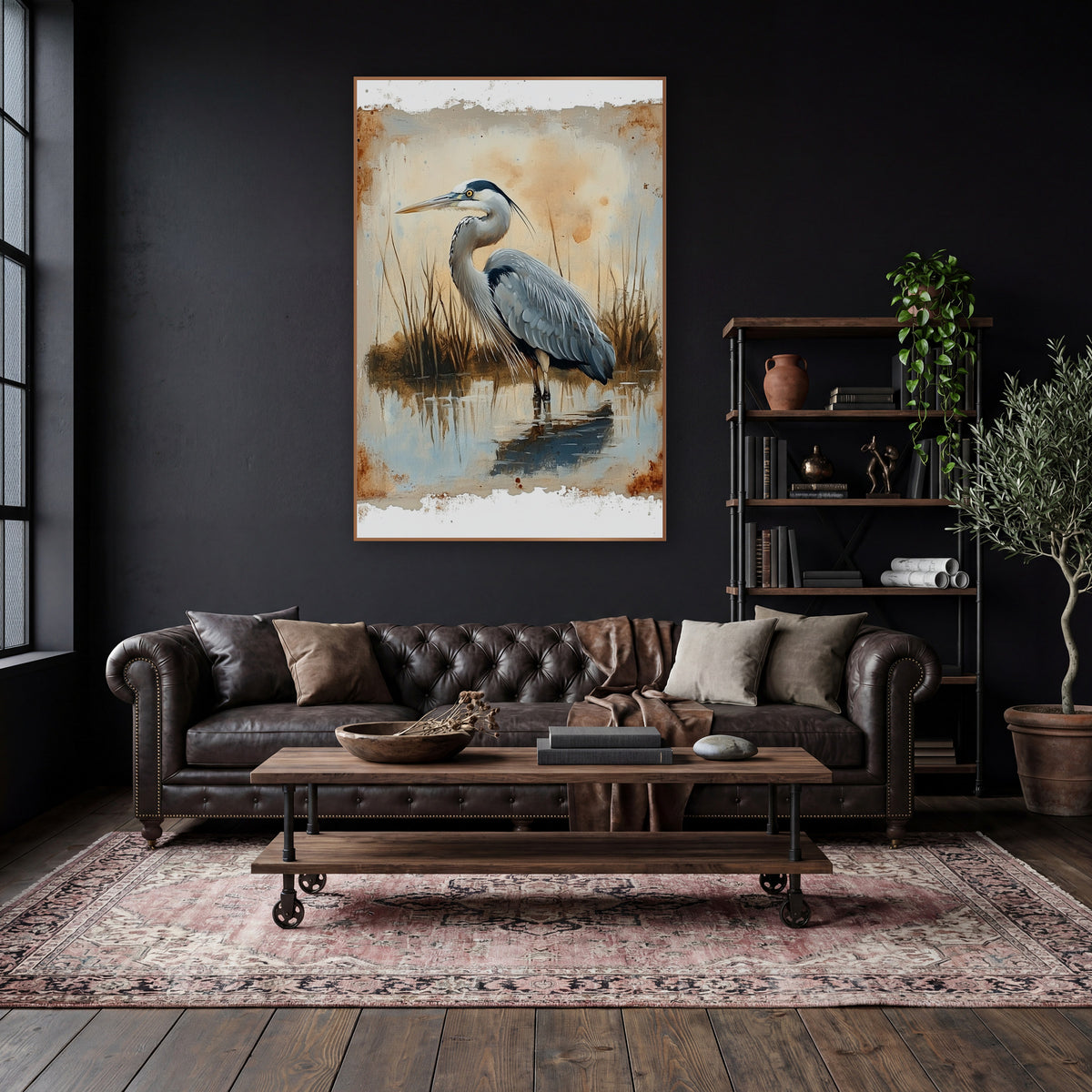 Gray Heron Marsh Reflection Vintage wall art in a moody dark academia room – gray heron standing in still water among
