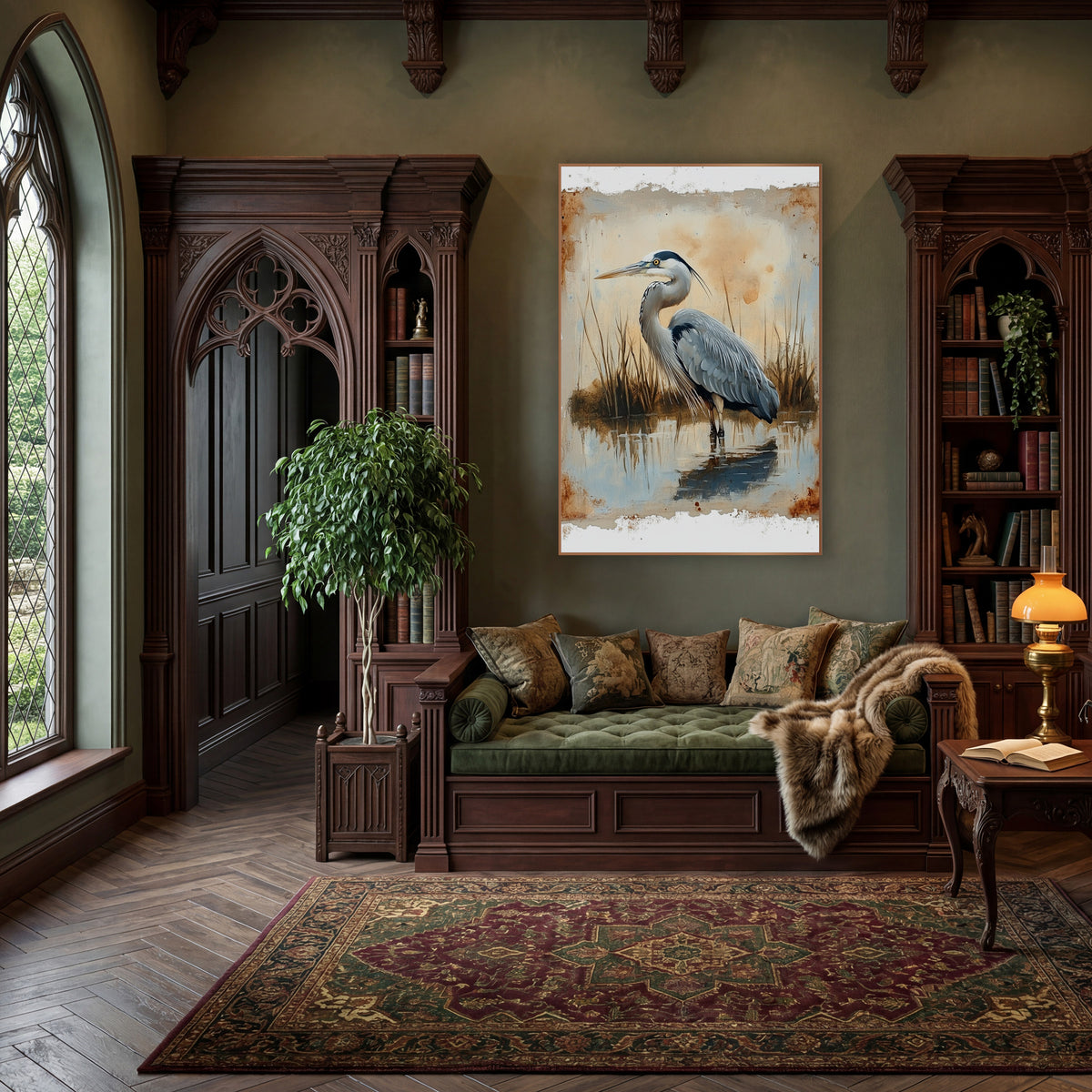 Gray Heron Marsh Reflection Vintage wall art in a moody dark academia room – gray heron standing in still water among