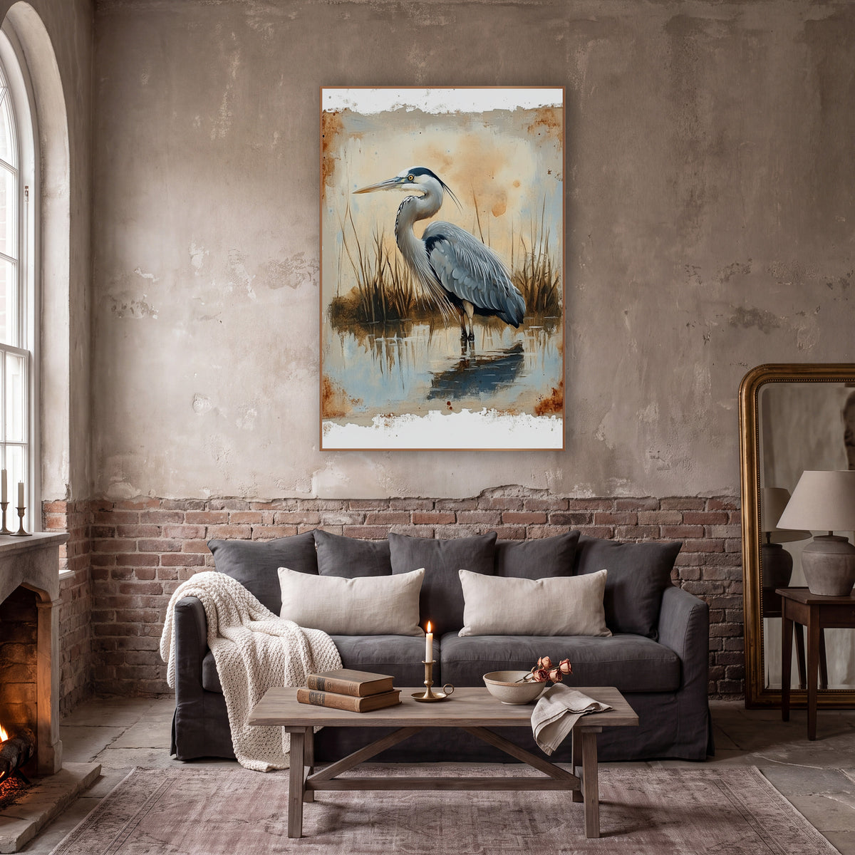 Gray Heron Marsh Reflection Vintage wall art in a moody dark academia room – gray heron standing in still water among