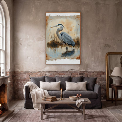 Gray Heron Marsh Reflection Vintage wall art in a moody dark academia room – gray heron standing in still water among