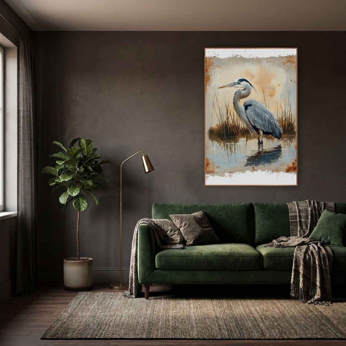 Gray Heron Marsh Reflection Vintage wall art in a moody dark academia room – gray heron standing in still water among