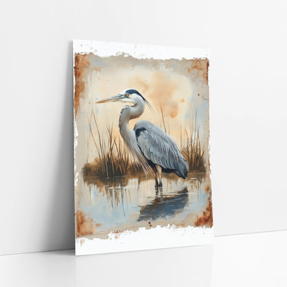 Gray Heron Marsh Reflection Vintage art print leaning against a white wall – gray heron standing in still water among dry