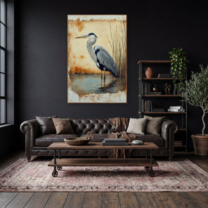 Rust Edged Heron Facing Left Rustic wall art in a moody dark academia room – grey heron standing in shallow water