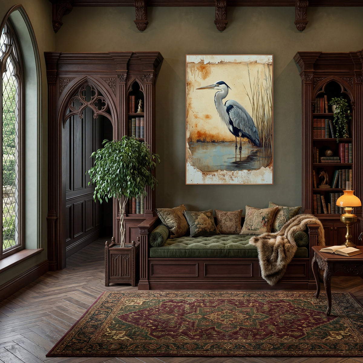 Rust Edged Heron Facing Left Rustic wall art in a moody dark academia room – grey heron standing in shallow water