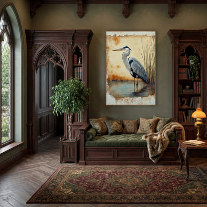 Rust Edged Heron Facing Left Rustic wall art in a moody dark academia room – grey heron standing in shallow water