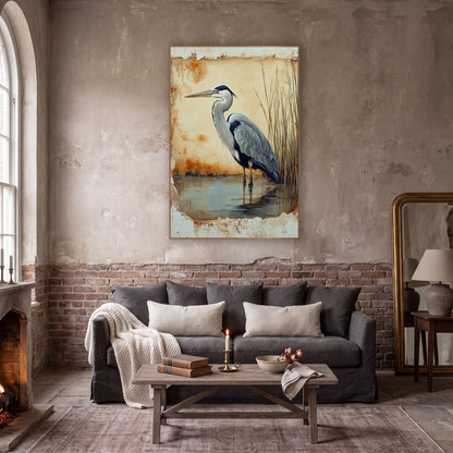 Rust Edged Heron Facing Left Rustic wall art in a moody dark academia room – grey heron standing in shallow water