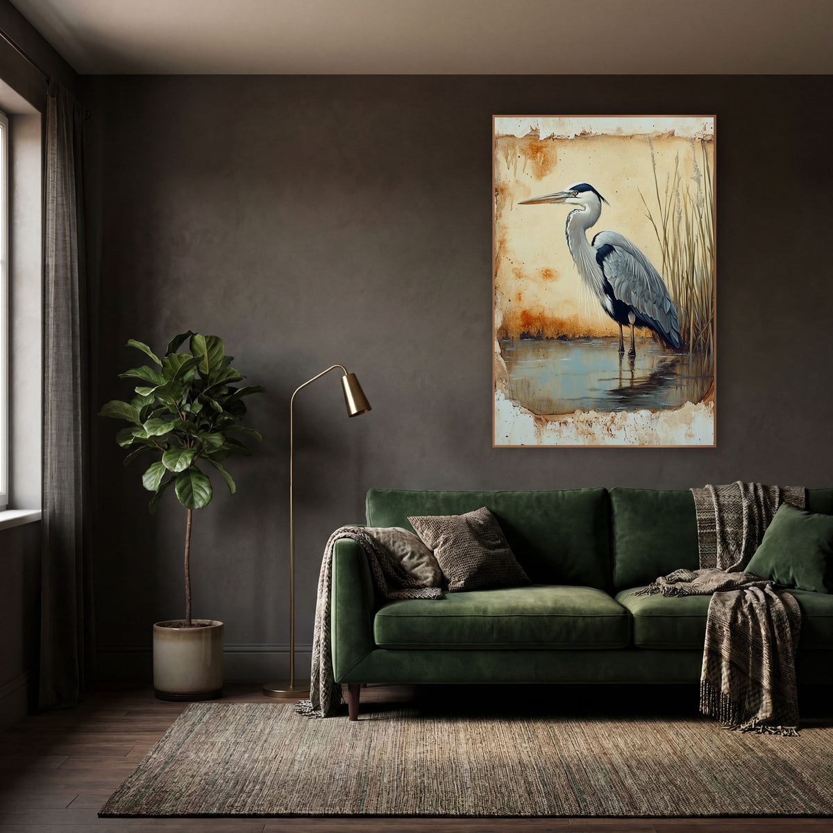 Rust Edged Heron Facing Left Rustic wall art in a moody dark academia room – grey heron standing in shallow water