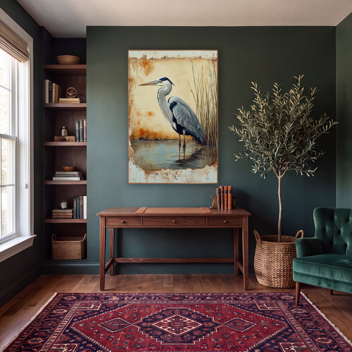 Rust Edged Heron Facing Left Rustic wall art in a moody dark academia room – grey heron standing in shallow water
