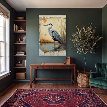 Rust Edged Heron Facing Left Rustic wall art in a moody dark academia room – grey heron standing in shallow water