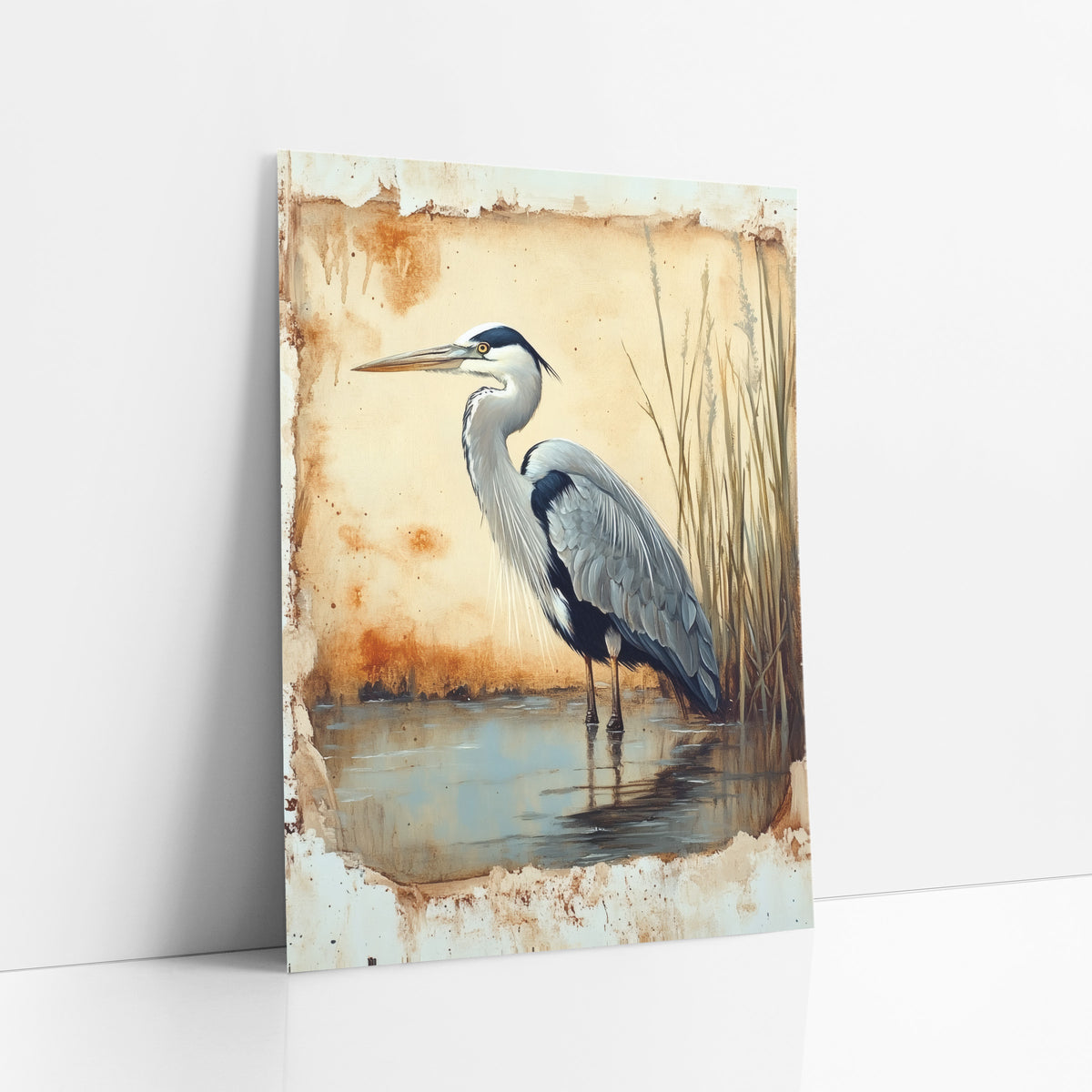 Rust Edged Heron Facing Left Rustic art print leaning against a white wall – grey heron standing in shallow water beside tall