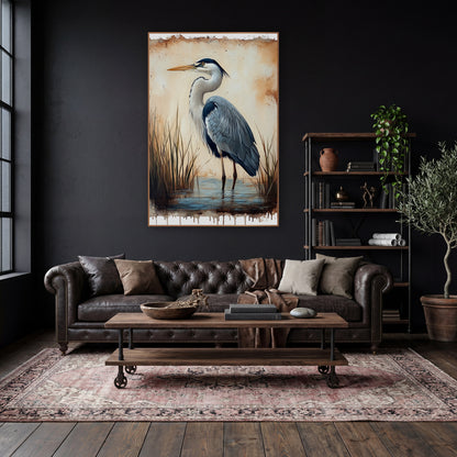 Twin Reed Heron Dripping Edge Vintage wall art in a moody dark academia room – grey heron standing in shallow water