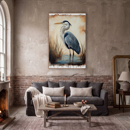 Twin Reed Heron Dripping Edge Vintage wall art in a moody dark academia room – grey heron standing in shallow water