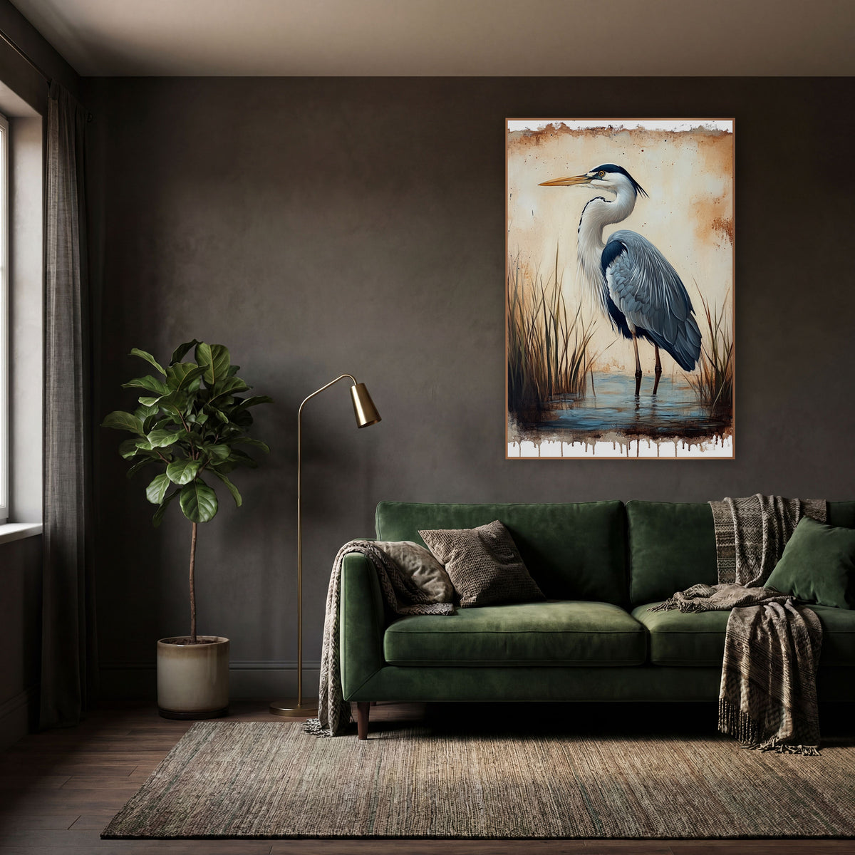 Twin Reed Heron Dripping Edge Vintage wall art in a moody dark academia room – grey heron standing in shallow water