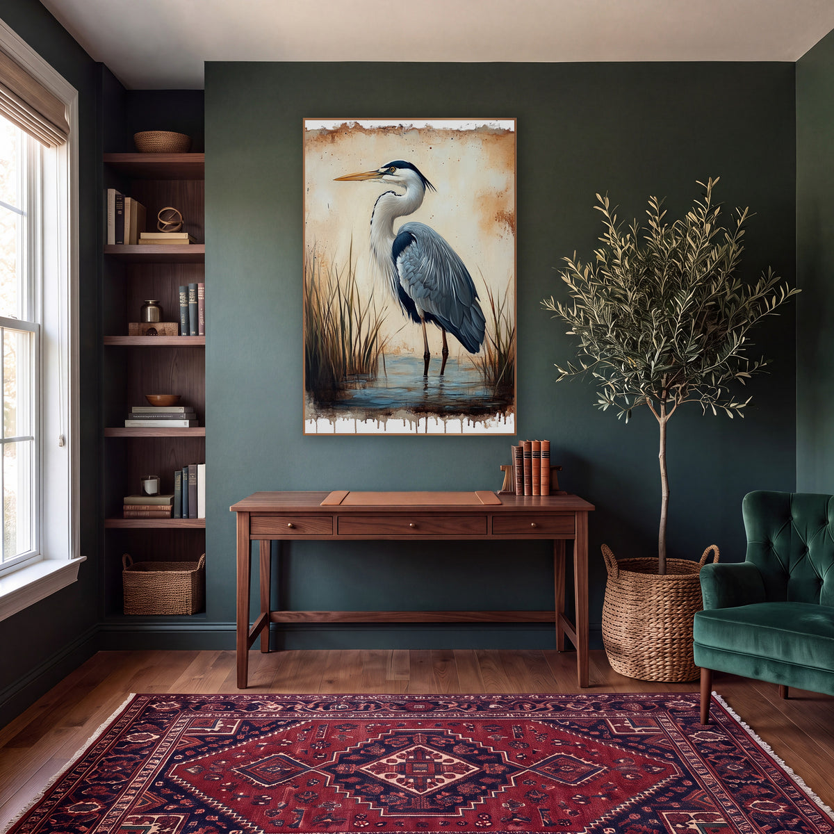 Twin Reed Heron Dripping Edge Vintage wall art in a moody dark academia room – grey heron standing in shallow water